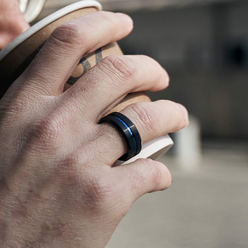 Greenpod 8mm Mens Black Tungsten Ring with Thin Blue Groove Beveled Edge Engraved I Love You Comfort Fit Size 10 - Image 4